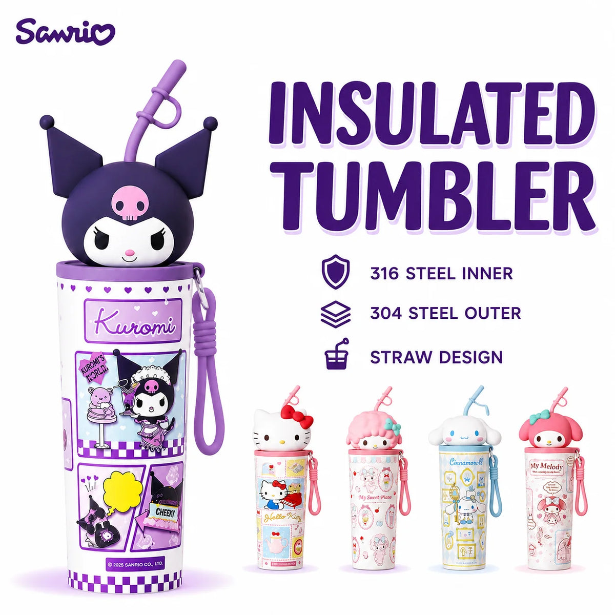 Sanrio 700ml Insulated Tumbler with Straw 316 Steel Travel Water Bottle 304 Steel Cute Cartoon Thermos Flask Coffee Mug Gift