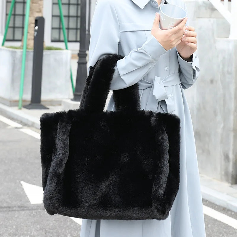 Plush Faux Fur Winter Tote - Black