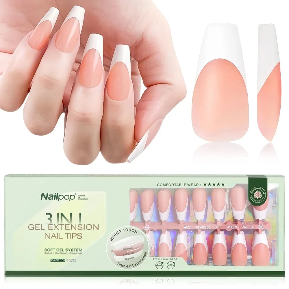 Nailpop 3 in 1 French Gel Nail Tips 150PCS French Press on Nails Short Coffin Tips No Need to File Fake Nails for Nail Art DIY