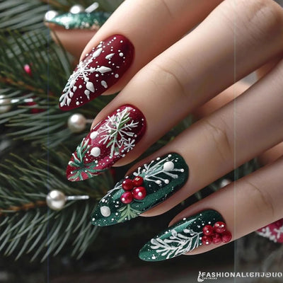 Christmas Snowflake Press-On Nails - Ruby Winter Bloom