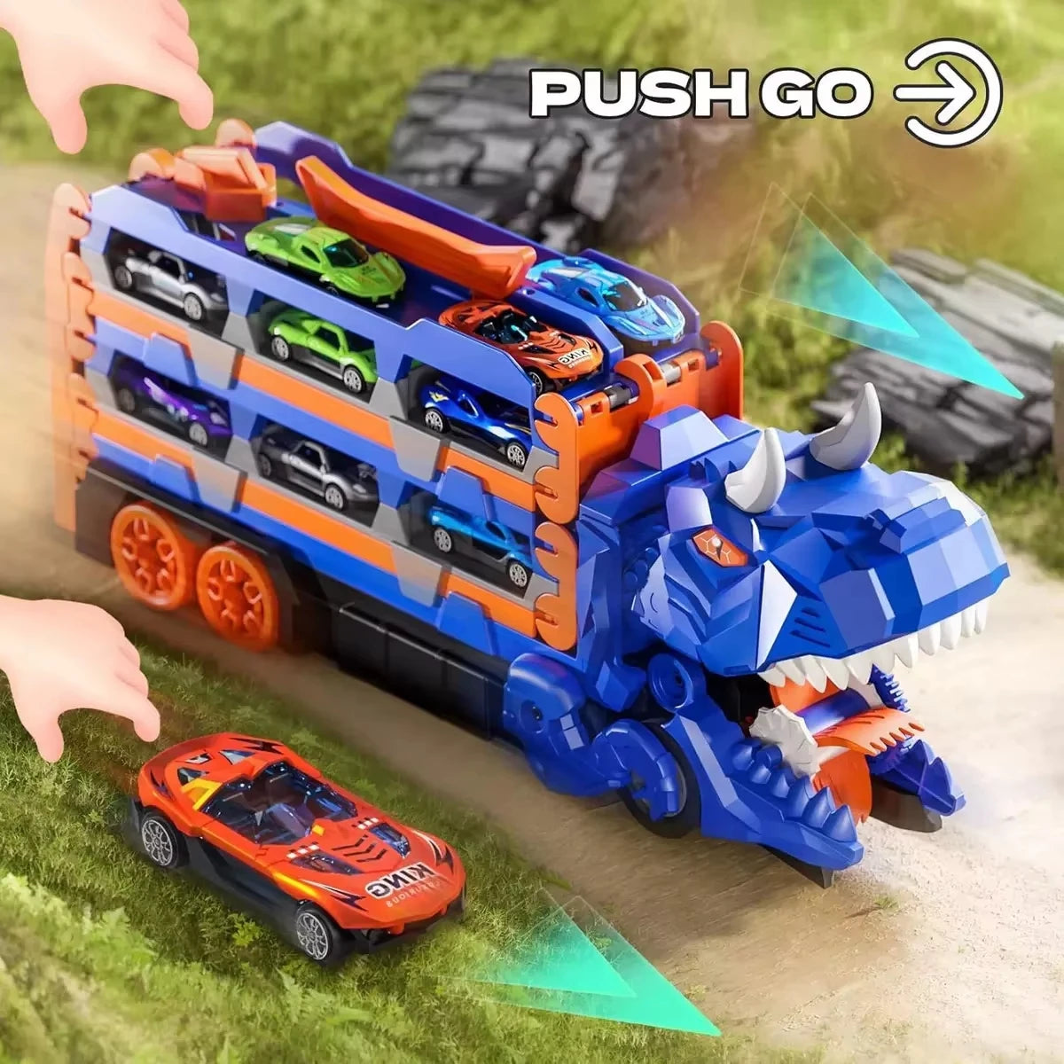 Dinosaur Catapult Car Track Playset in use