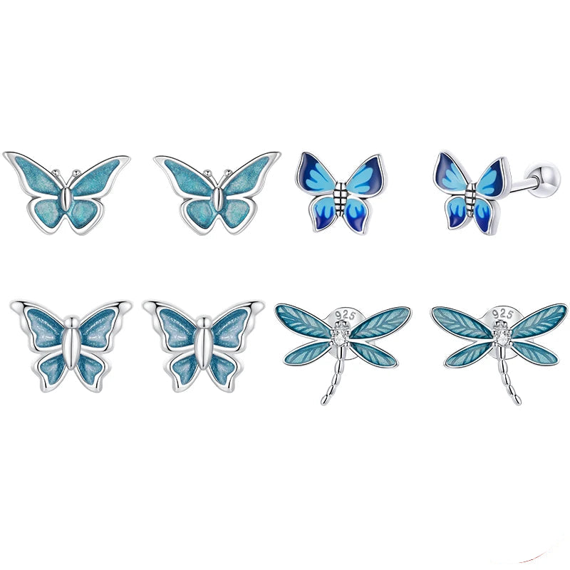 BAMOER Blue Enamel Butterfly Earrings