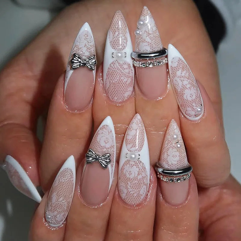 24PCS Y2k Stiletto Stick on False Nails Simple White Lace Flower French Nail Tips Metallic Silver 3D Bow Pearl Almond Fake Nails