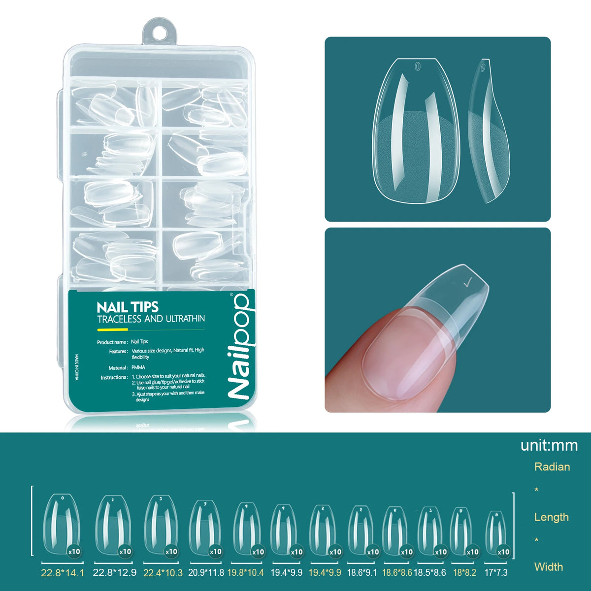 Nailpop 120pcs Shallow Nail Tips 12 Sizes  Flexible Soft Gel Tips Clear Press On Nails Acrylic Poly Gel Extension Salon Manicure