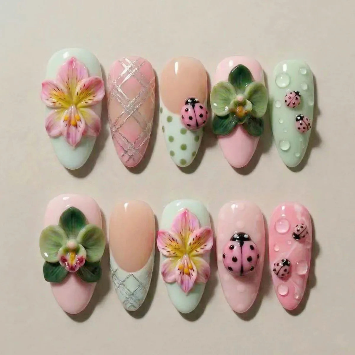 24CS Leopard Print French False Nails Colorful Gradient Almond Press on Nails Summer 3D Flowers with Pearl Fake Nails for Women