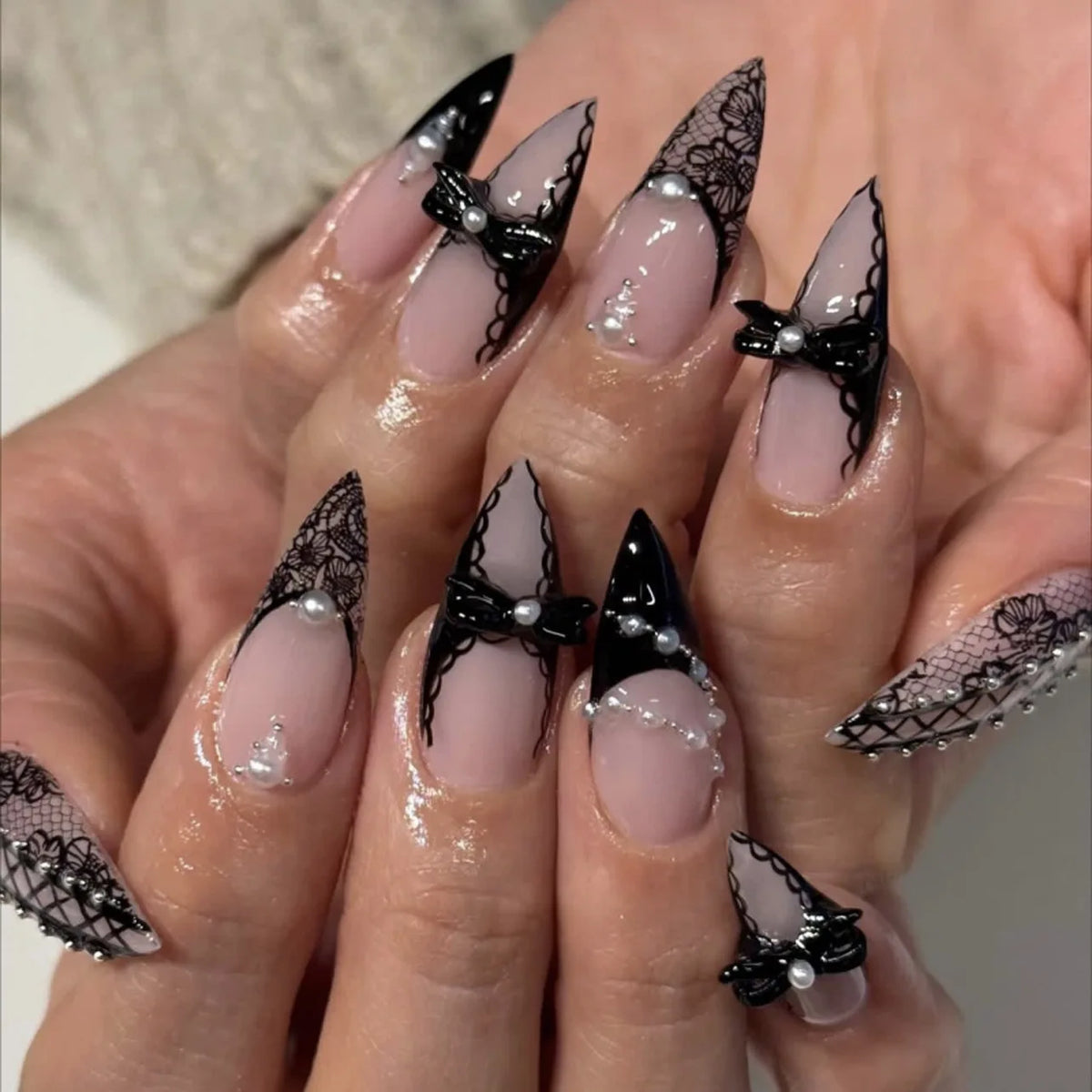 24PCS Y2k Stiletto Stick on False Nails Simple White Lace Flower French Nail Tips Metallic Silver 3D Bow Pearl Almond Fake Nails