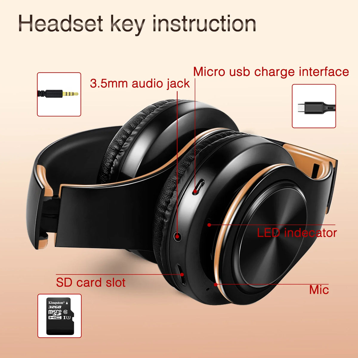 Aurex GoldSound Wireless Headphones - Black & Gold