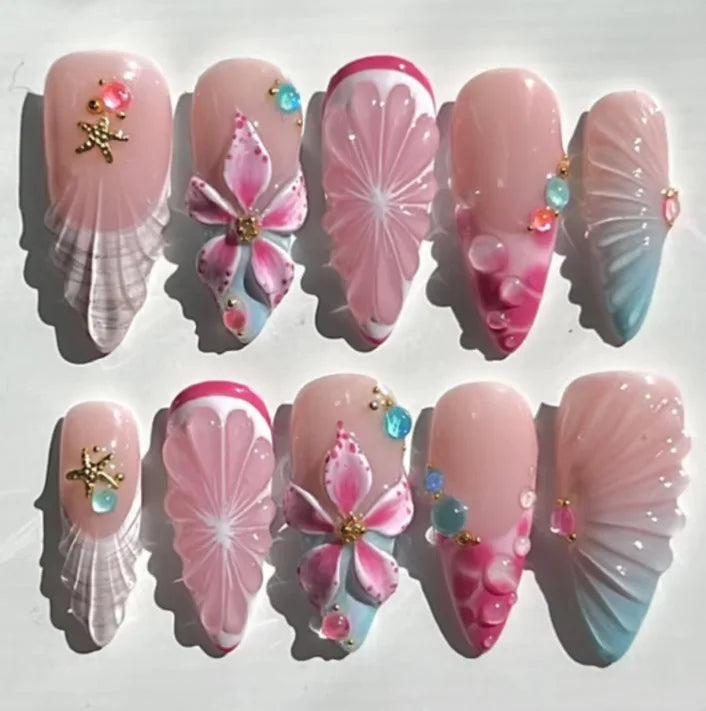 24CS Leopard Print French False Nails Colorful Gradient Almond Press on Nails Summer 3D Flowers with Pearl Fake Nails for Women