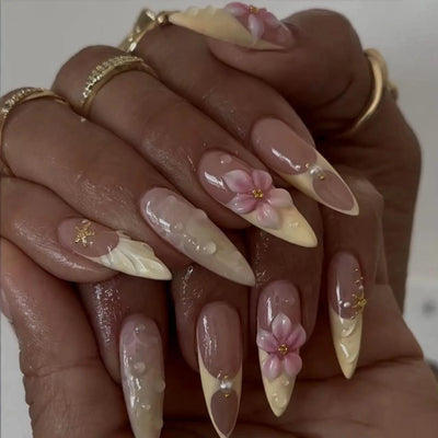 24CS Leopard Print French False Nails Colorful Gradient Almond Press on Nails Summer 3D Flowers with Pearl Fake Nails for Women