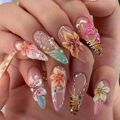 24CS Leopard Print French False Nails Colorful Gradient Almond Press on Nails Summer 3D Flowers with Pearl Fake Nails for Women
