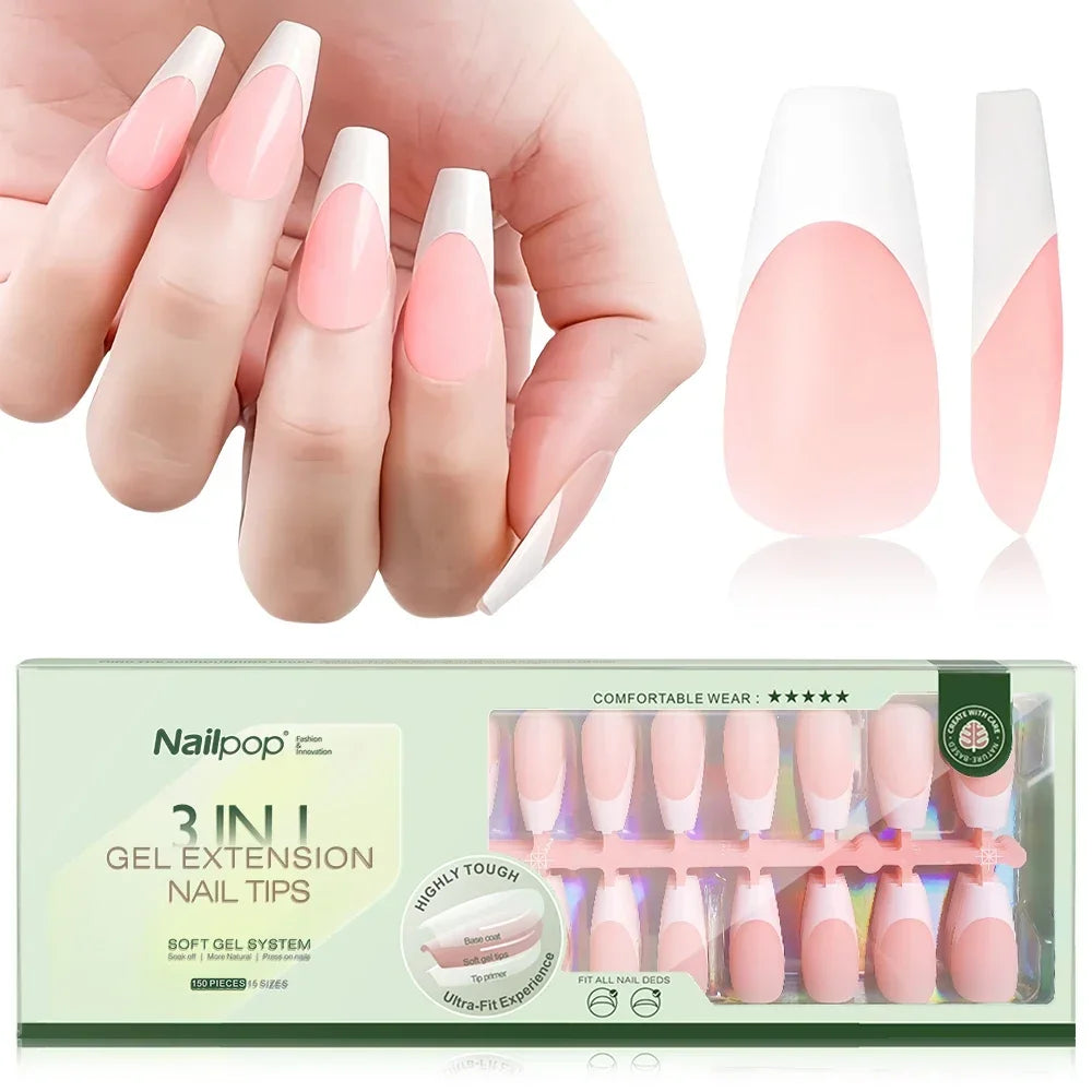 Nailpop 3 in 1 French Gel Nail Tips 150PCS French Press on Nails Short Coffin Tips No Need to File Fake Nails for Nail Art DIY