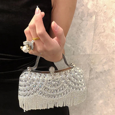 Tasselled Rhinestone Bridal Clutch - Gold