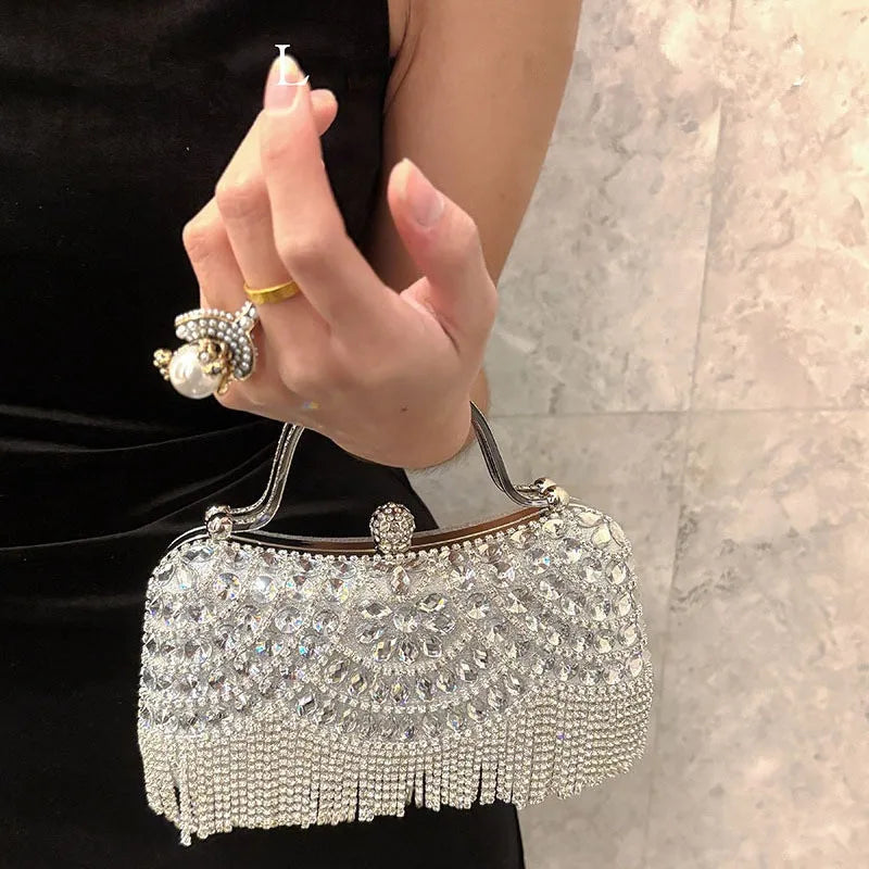 Tasselled Rhinestone Bridal Clutch - Gold