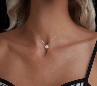 BAMOER Round Halo Moissanite Necklace worn