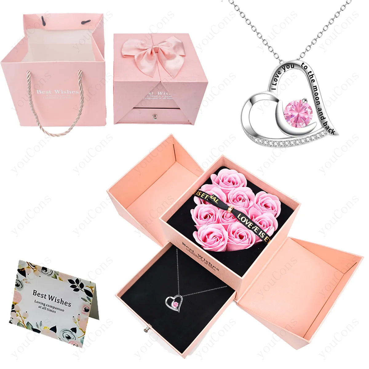Heart Bow Pendant Necklace with Rose Box