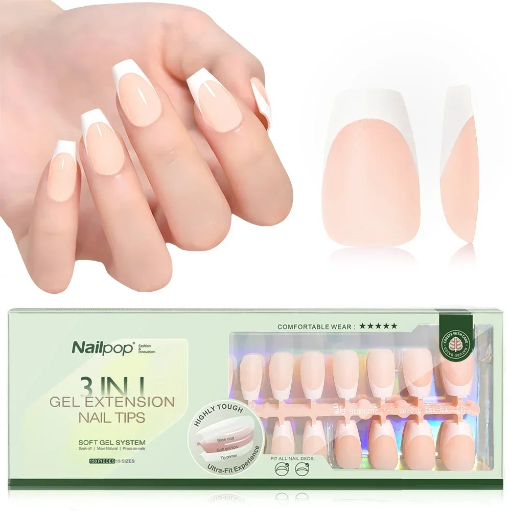 Nailpop 3 in 1 French Gel Nail Tips 150PCS French Press on Nails Short Coffin Tips No Need to File Fake Nails for Nail Art DIY