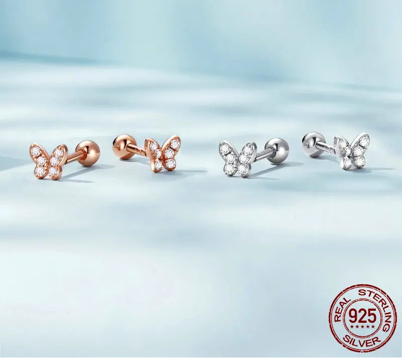 BAMOER Tiny Charm Stud Earrings - Rose Gold Butterfly