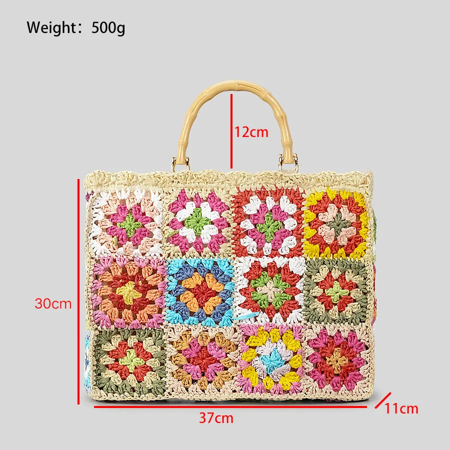 Bohemian Woven Beach Tote bamboo handle detail