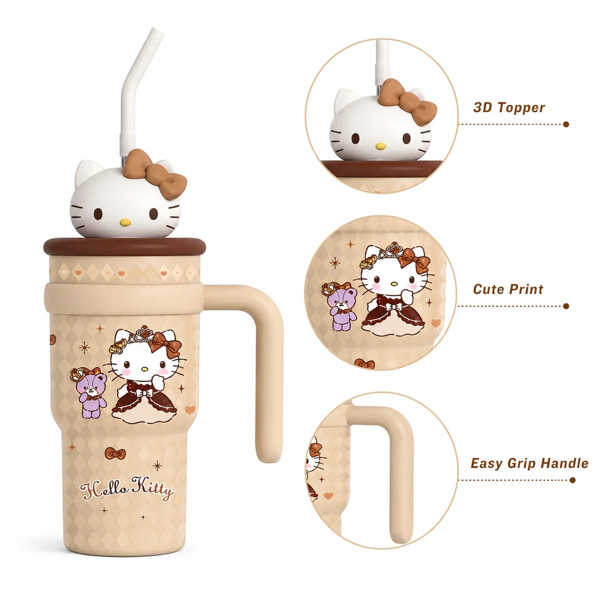 Sanrio Hello Kitty Tumbler Insulated Cup Travel Mug Straw Water Bottle Thermal Coffee Cup Portable Drinkware with Handle Charm