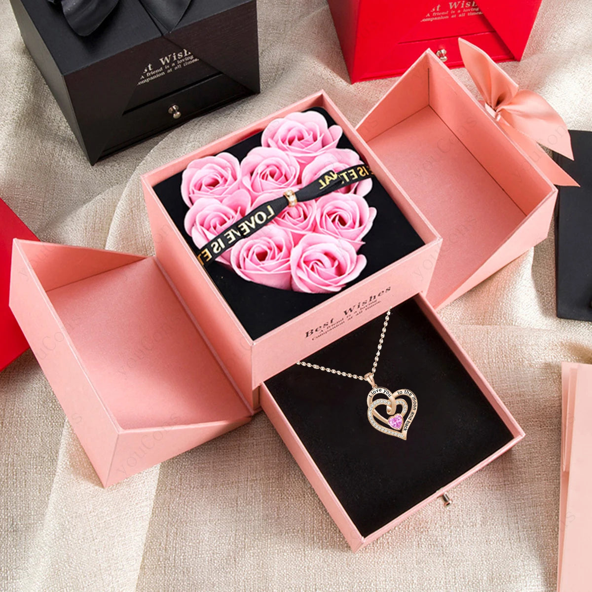 Heart Pendant Necklace with Rose Gift Box worn