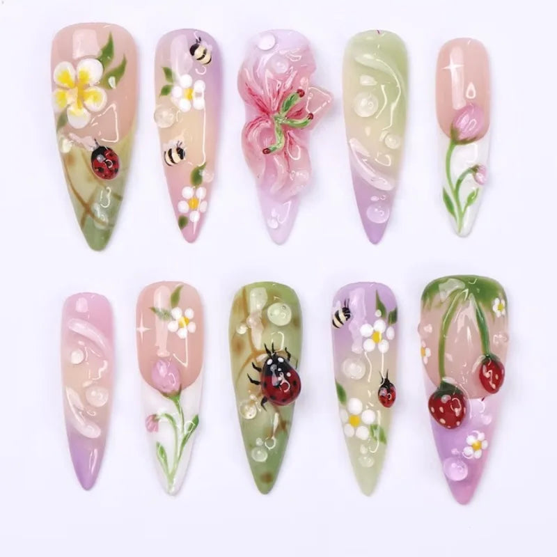 24CS Leopard Print French False Nails Colorful Gradient Almond Press on Nails Summer 3D Flowers with Pearl Fake Nails for Women