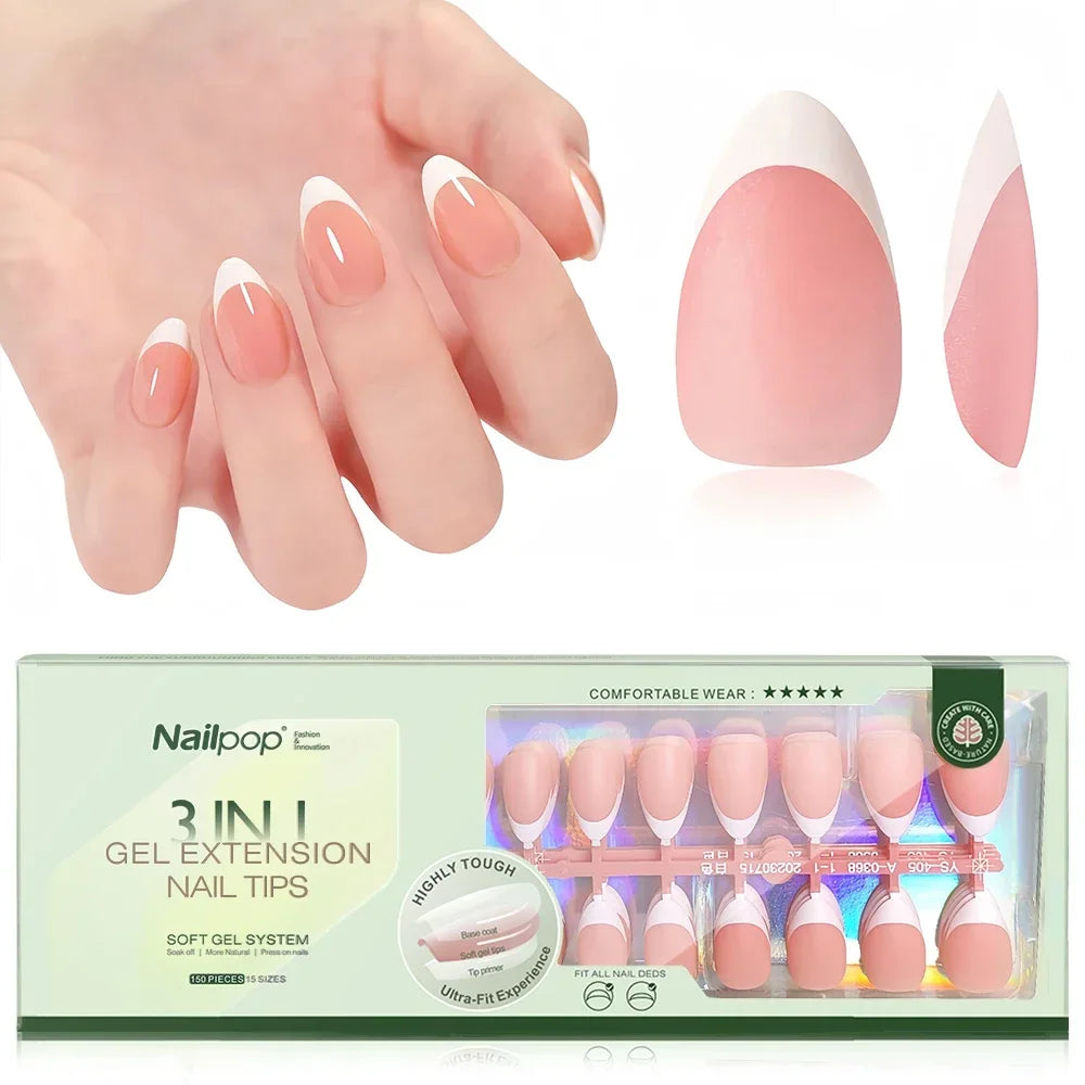 Nailpop 3 in 1 French Gel Nail Tips 150PCS French Press on Nails Short Coffin Tips No Need to File Fake Nails for Nail Art DIY