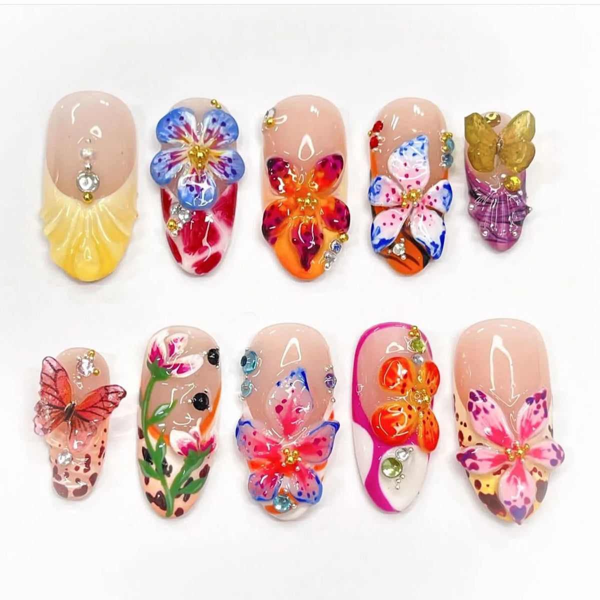 24CS Leopard Print French False Nails Colorful Gradient Almond Press on Nails Summer 3D Flowers with Pearl Fake Nails for Women
