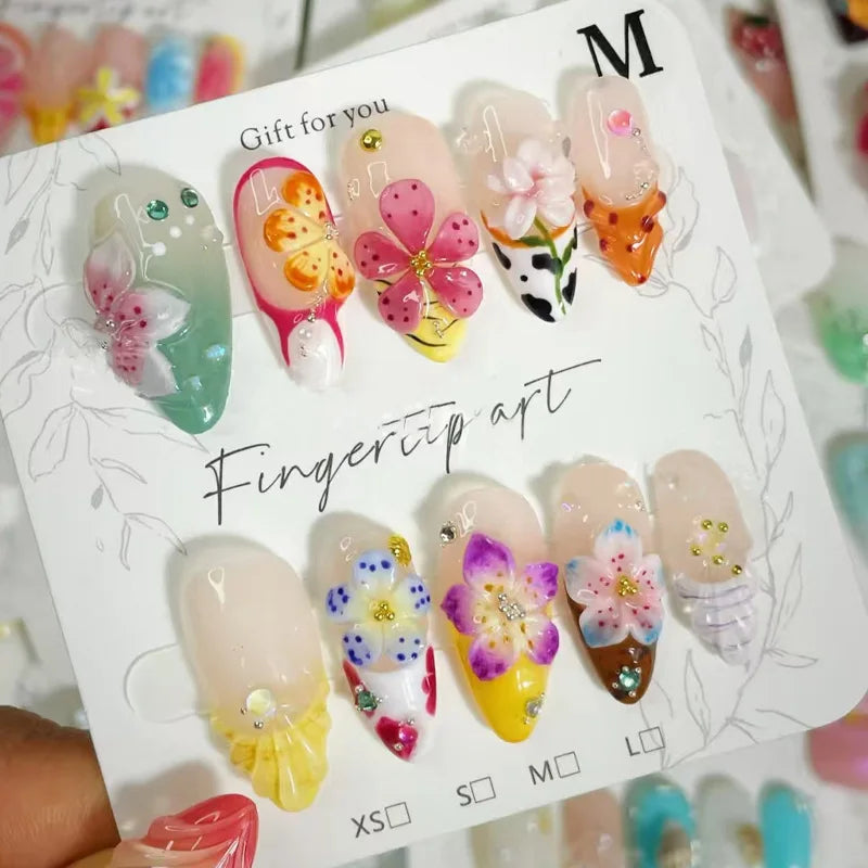 24CS Leopard Print French False Nails Colorful Gradient Almond Press on Nails Summer 3D Flowers with Pearl Fake Nails for Women