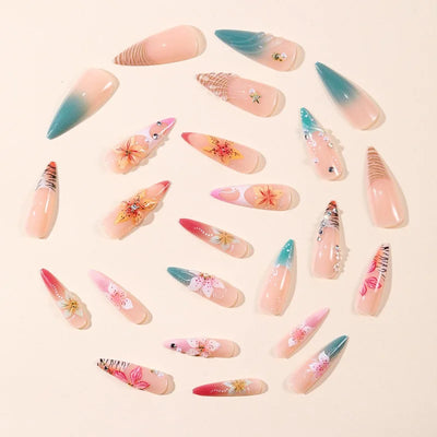 24CS Leopard Print French False Nails Colorful Gradient Almond Press on Nails Summer 3D Flowers with Pearl Fake Nails for Women