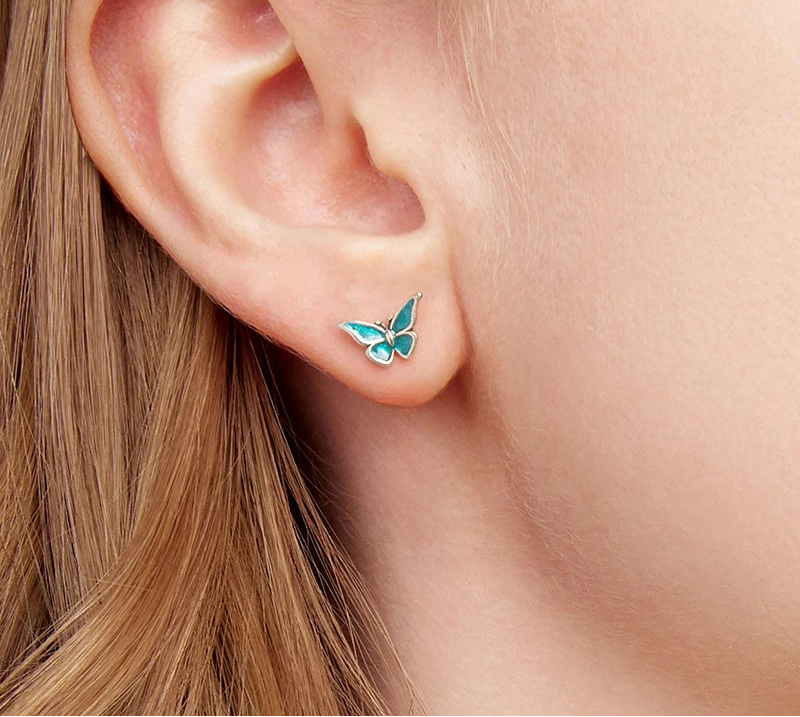 BAMOER Blue Enamel Butterfly Earrings close-up