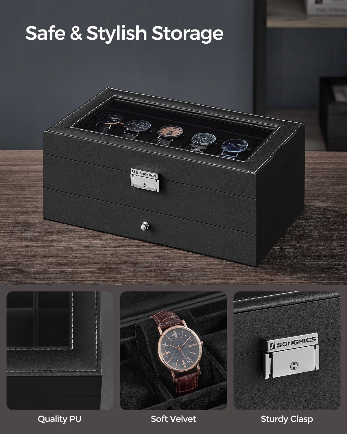 12-Slot Watch Box glass lid detail