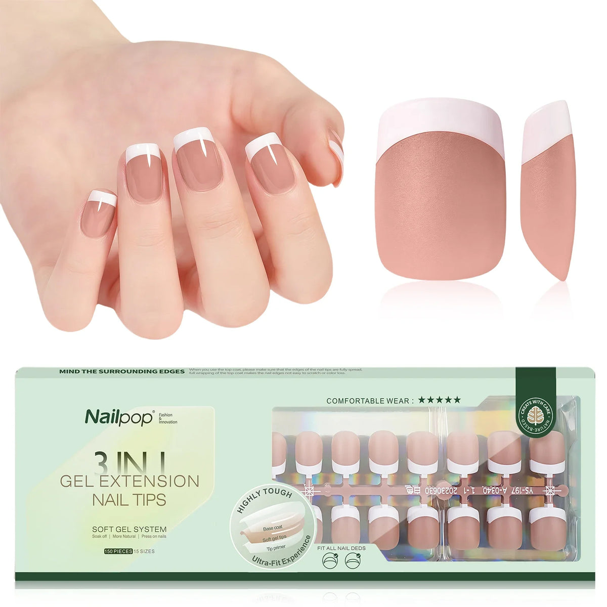 Nailpop 3 in 1 French Gel Nail Tips 150PCS French Press on Nails Short Coffin Tips No Need to File Fake Nails for Nail Art DIY