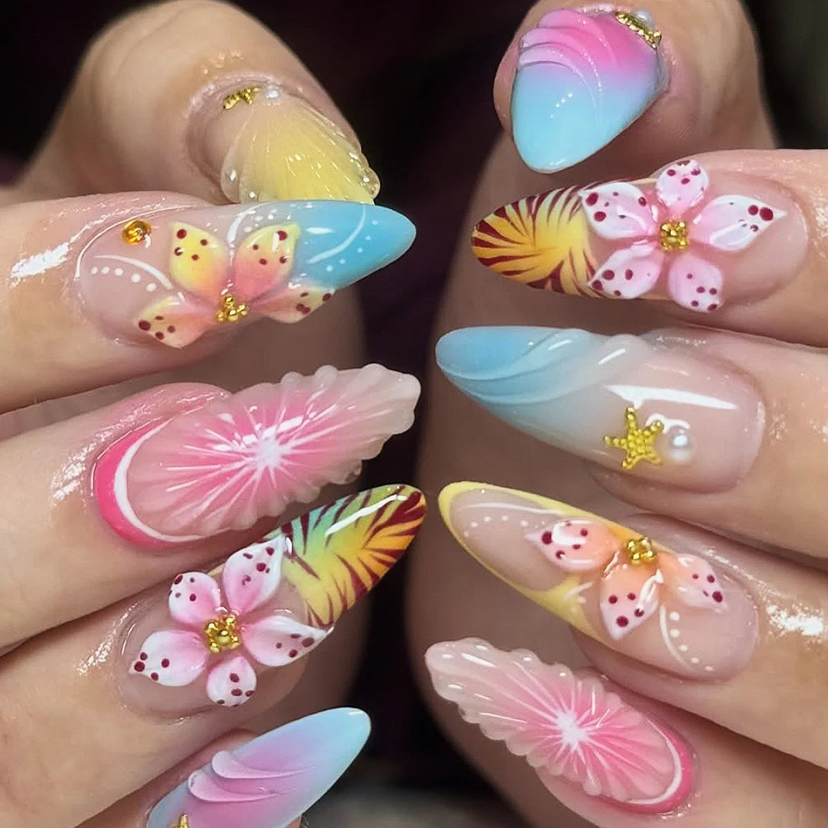24CS Leopard Print French False Nails Colorful Gradient Almond Press on Nails Summer 3D Flowers with Pearl Fake Nails for Women