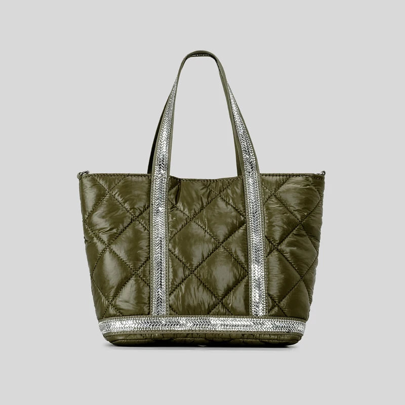 Quilted Rhinestone Tote Bag - Black