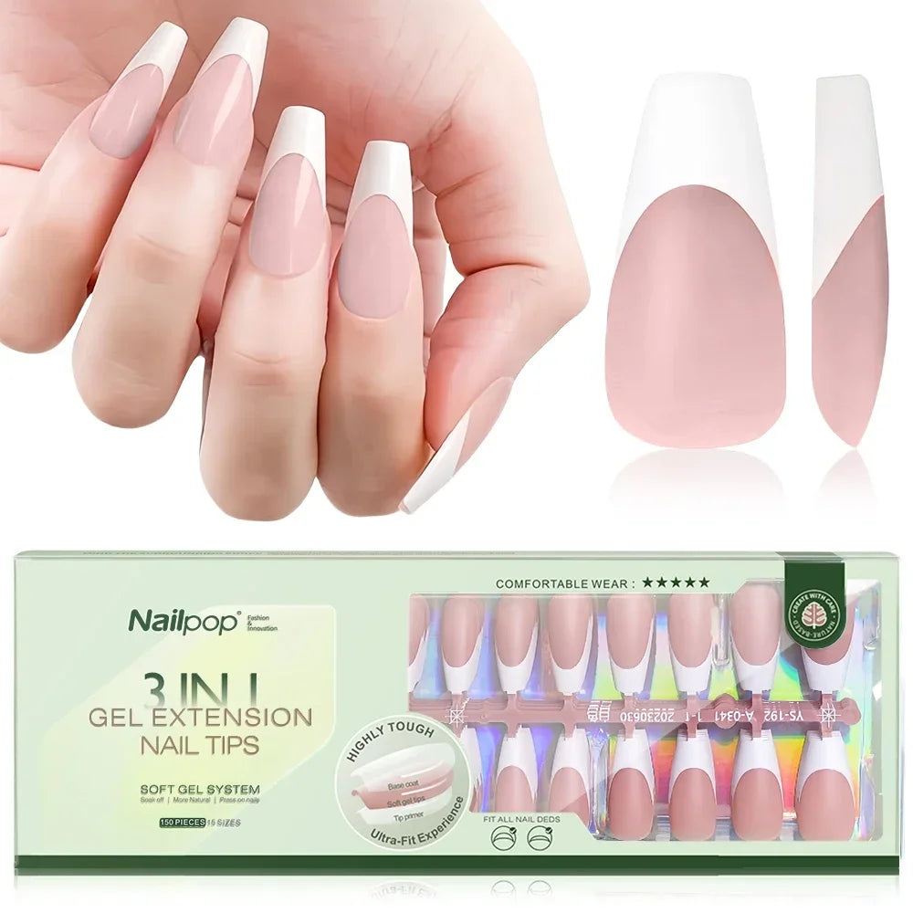 Nailpop 3 in 1 French Gel Nail Tips 150PCS French Press on Nails Short Coffin Tips No Need to File Fake Nails for Nail Art DIY