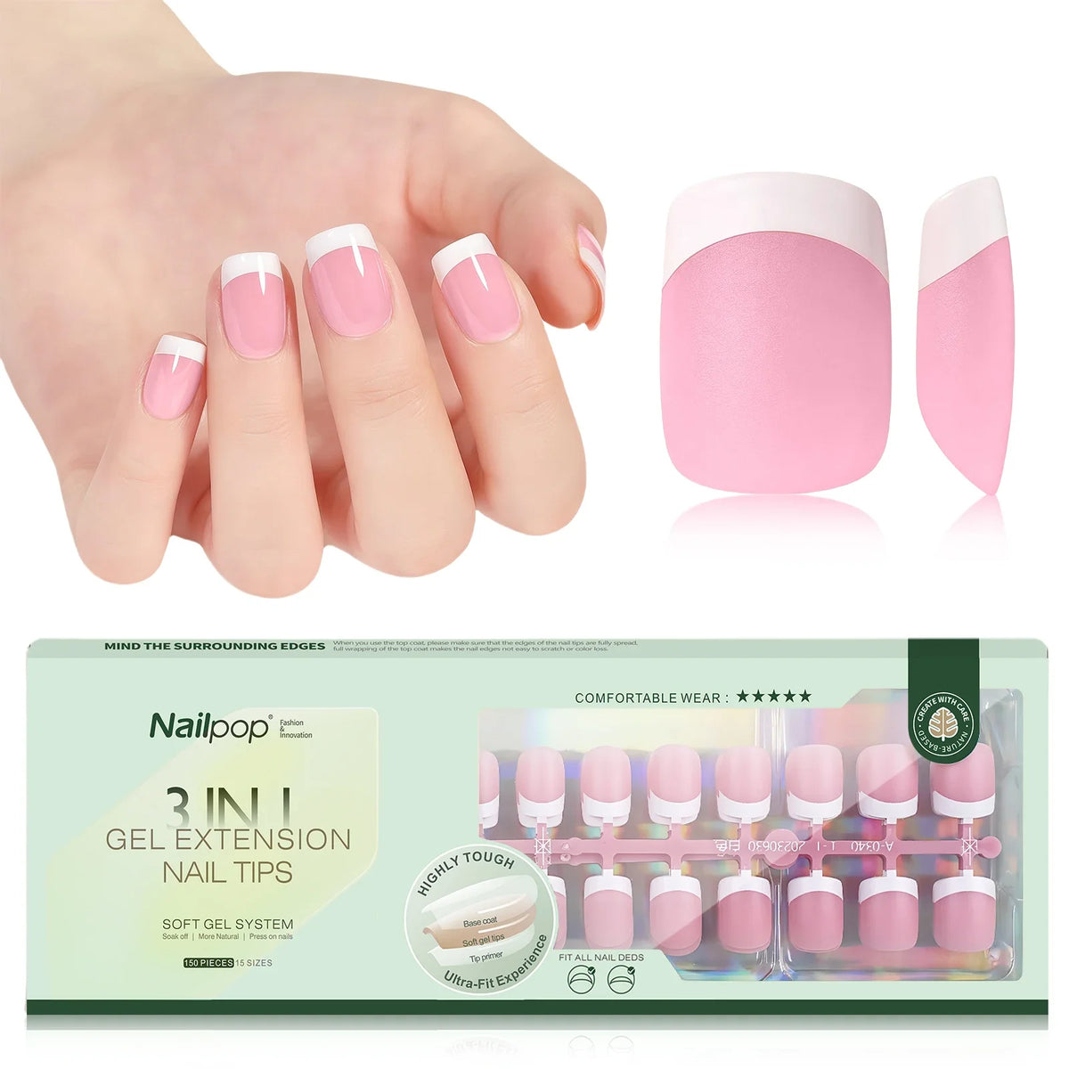 Nailpop 3 in 1 French Gel Nail Tips 150PCS French Press on Nails Short Coffin Tips No Need to File Fake Nails for Nail Art DIY