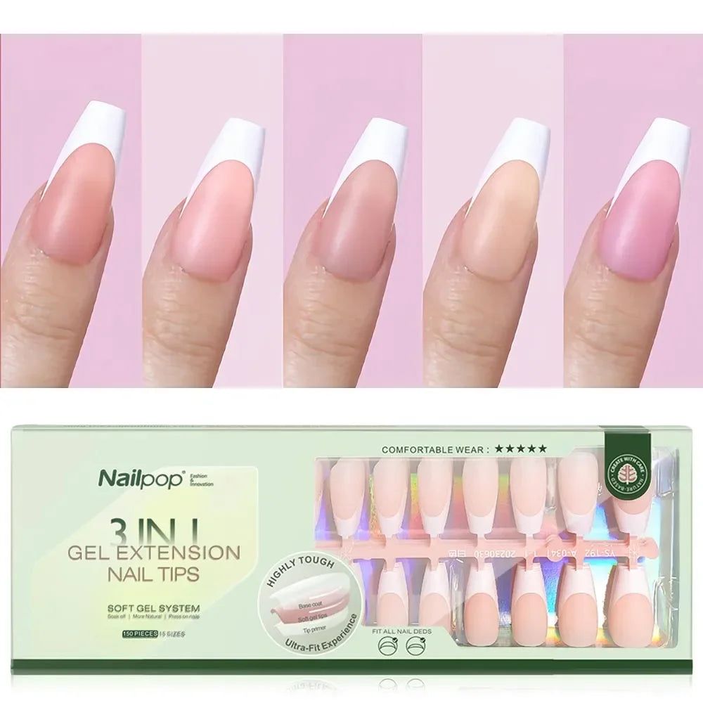 Nailpop 3 in 1 French Gel Nail Tips 150PCS French Press on Nails Short Coffin Tips No Need to File Fake Nails for Nail Art DIY