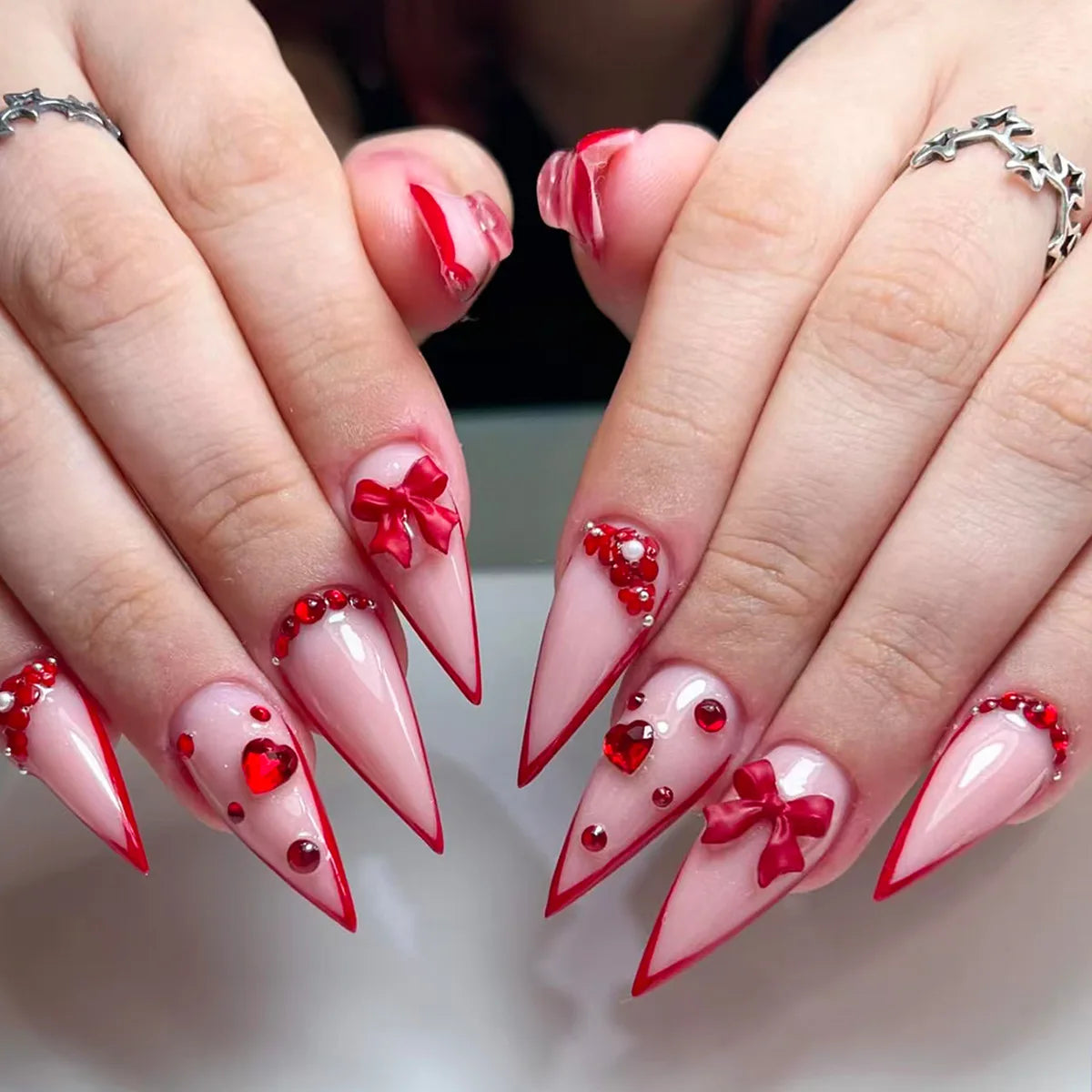 24PCS Y2k Stiletto Stick on False Nails Simple White Lace Flower French Nail Tips Metallic Silver 3D Bow Pearl Almond Fake Nails
