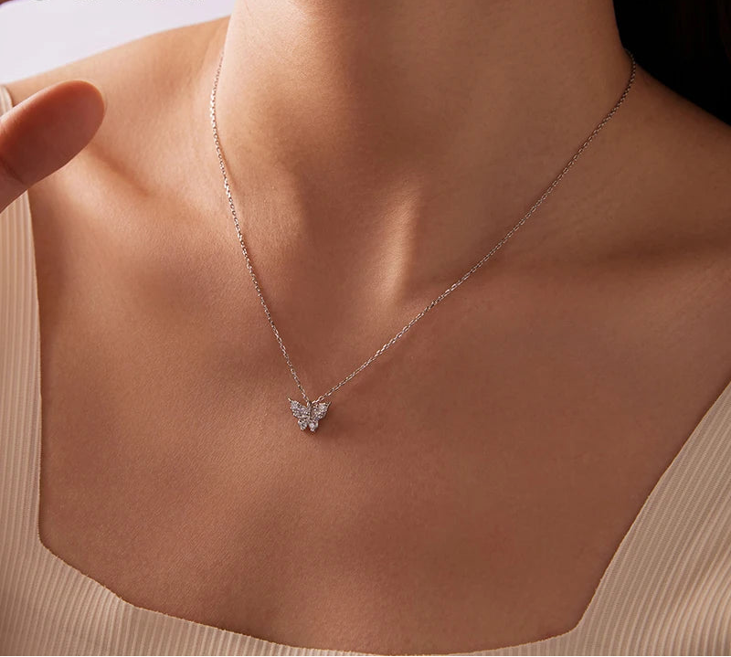 BAMOER Moissanite Butterfly Necklace worn