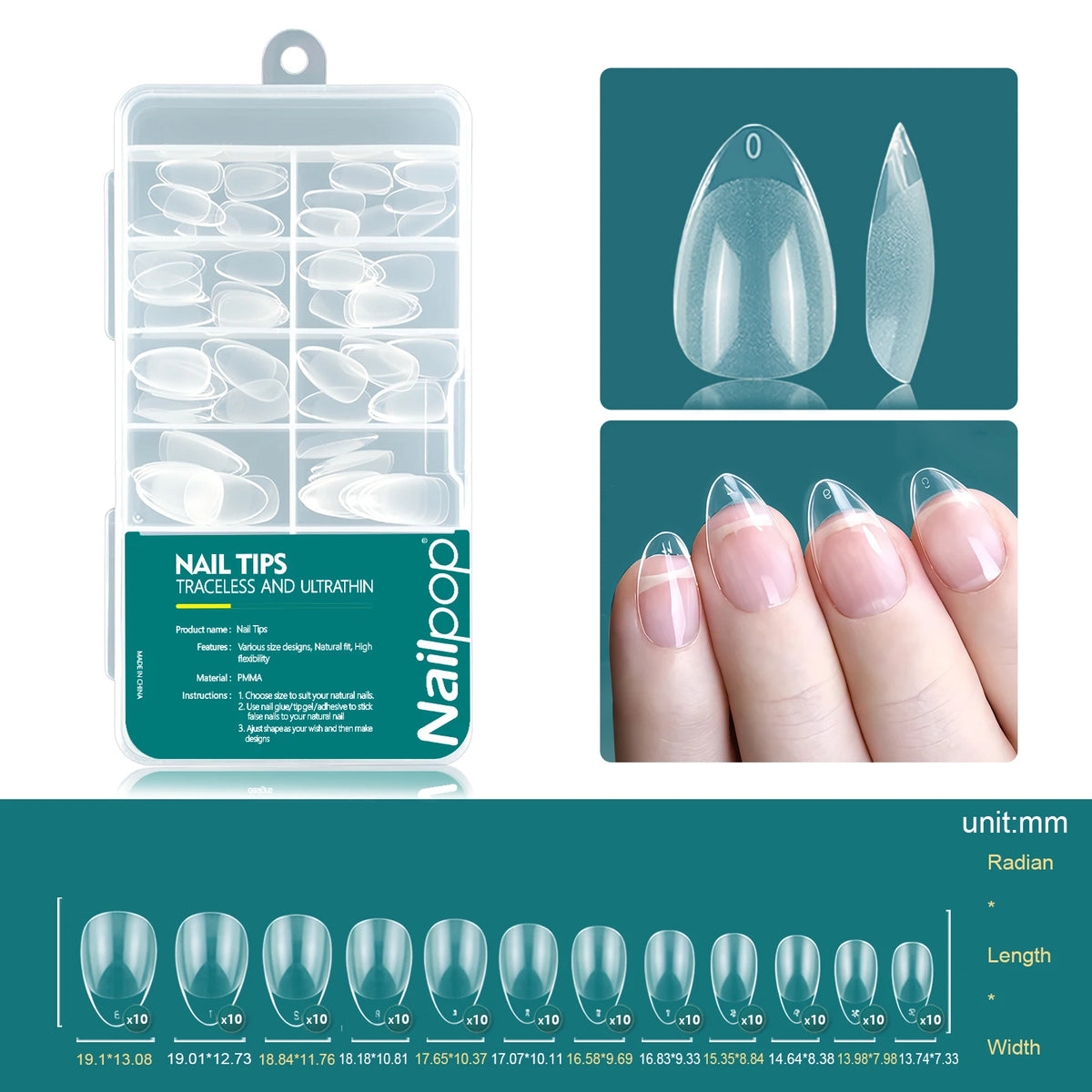 Nailpop 120pcs Shallow Nail Tips 12 Sizes  Flexible Soft Gel Tips Clear Press On Nails Acrylic Poly Gel Extension Salon Manicure