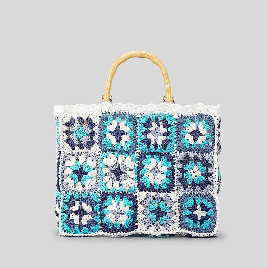 Bohemian Woven Beach Tote worn on shoulder