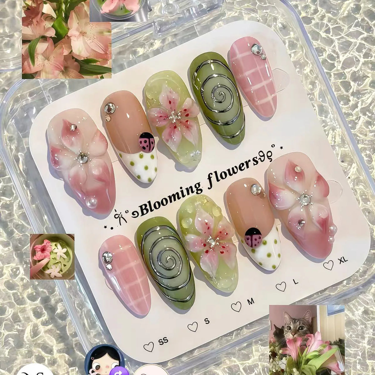 24CS Leopard Print French False Nails Colorful Gradient Almond Press on Nails Summer 3D Flowers with Pearl Fake Nails for Women