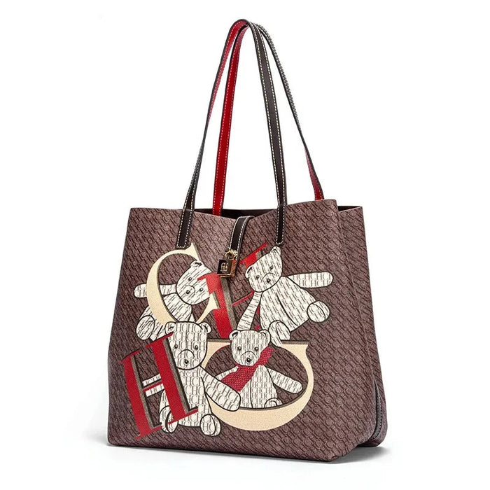CH Women Tote Bag Large Capacity Handbag Cartoon Bear Print Shoulder Bag PU Leather Fashion Casual Shopping Bag Ladies Purse