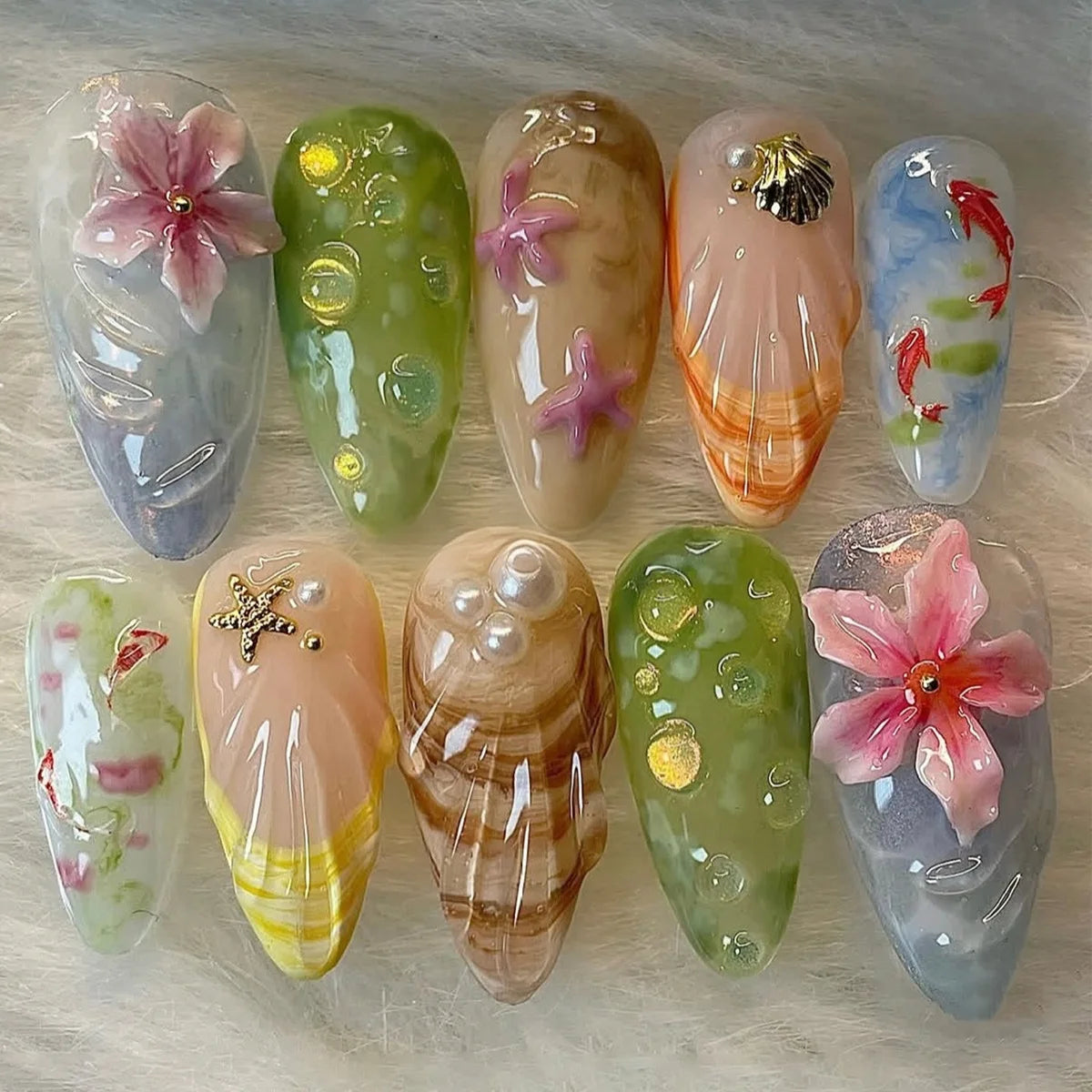 24CS Leopard Print French False Nails Colorful Gradient Almond Press on Nails Summer 3D Flowers with Pearl Fake Nails for Women