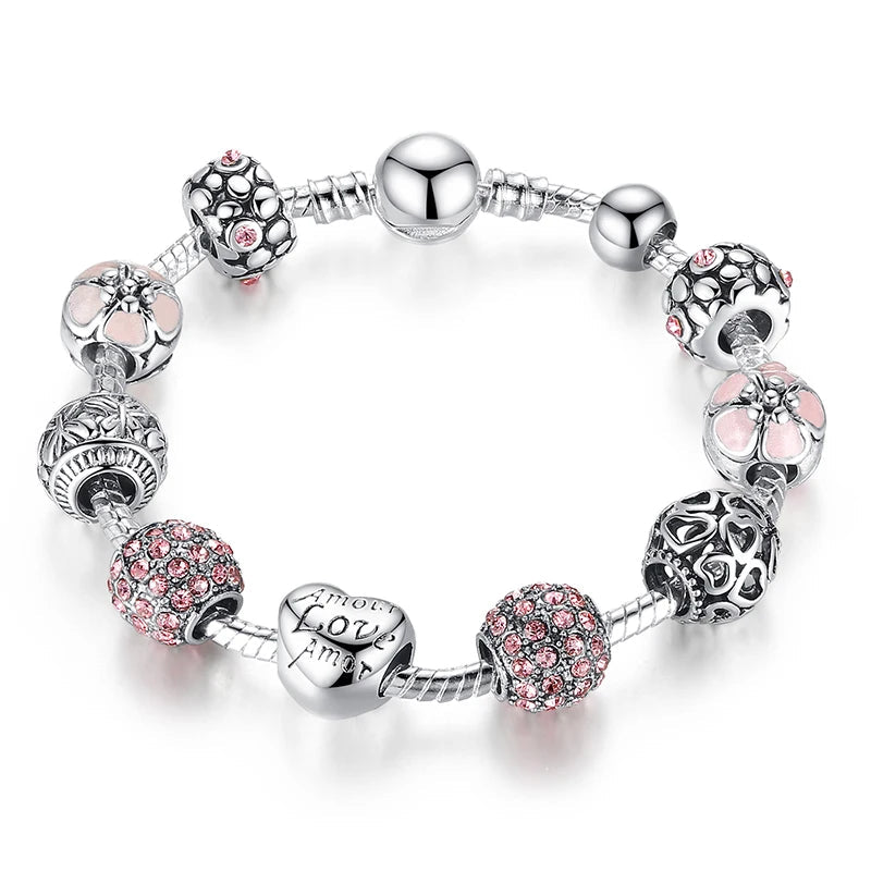 BAMOER Heart & Flower Charm Bracelet