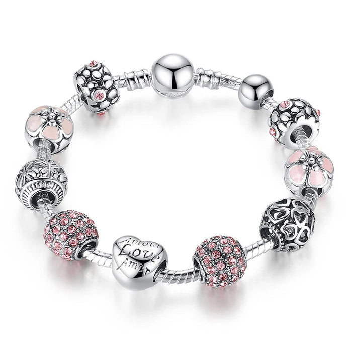 BAMOER Heart & Flower Charm Bracelet