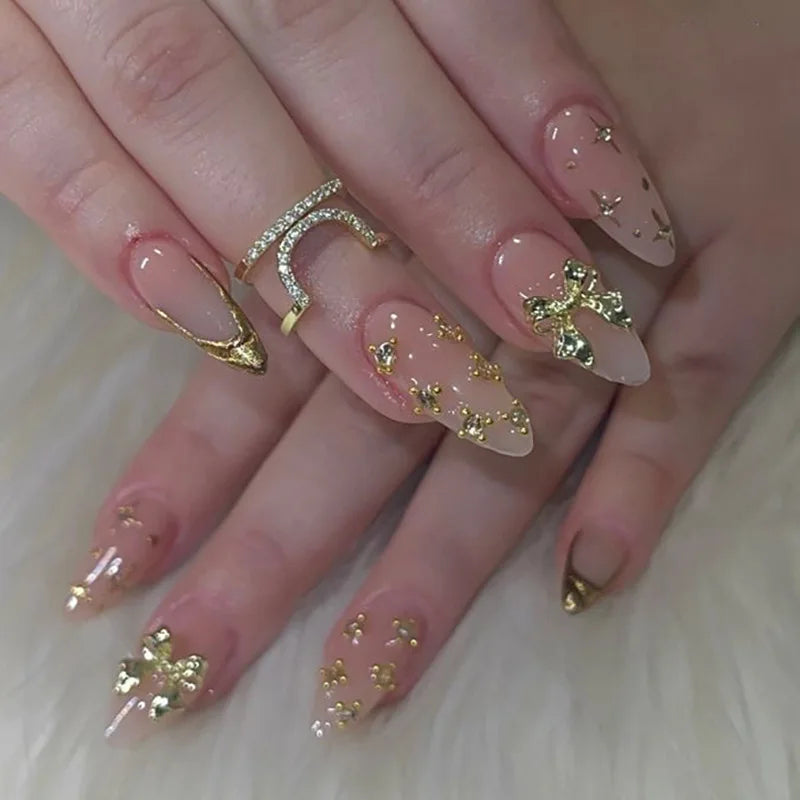 24PCS Y2k Stiletto Stick on False Nails Simple White Lace Flower French Nail Tips Metallic Silver 3D Bow Pearl Almond Fake Nails