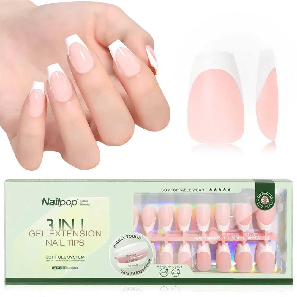 Nailpop 3 in 1 French Gel Nail Tips 150PCS French Press on Nails Short Coffin Tips No Need to File Fake Nails for Nail Art DIY