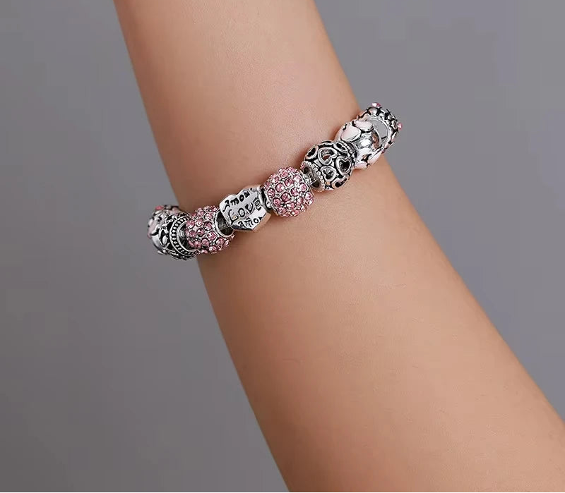 BAMOER Heart & Flower Charm Bracelet close-up