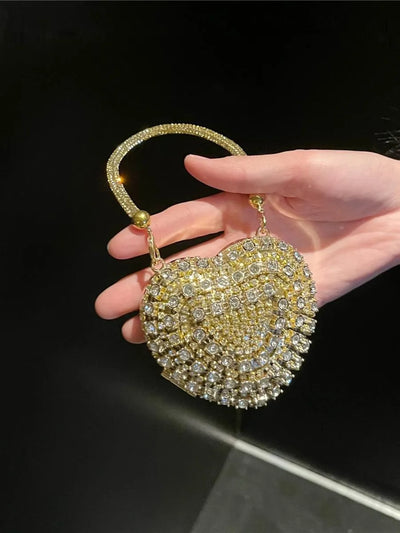 Heart-Shaped Rhinestone Evening Clutch - Gold